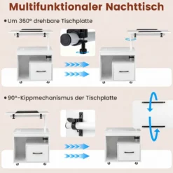 2er Set Nachttisch mit Rollen LED Nachtschrank mit Neigbarer Tischplatte Ladestation & Steckdosen Weiß