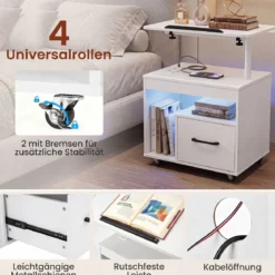 2er Set Nachttisch mit Rollen LED Nachtschrank mit Neigbarer Tischplatte Ladestation & Steckdosen Weiß