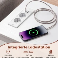 2er Set Nachttisch mit Rollen LED Nachtschrank mit Neigbarer Tischplatte Ladestation & Steckdosen Weiß
