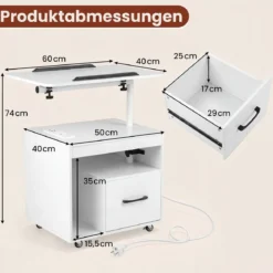 2er Set Nachttisch mit Rollen LED Nachtschrank mit Neigbarer Tischplatte Ladestation & Steckdosen Weiß