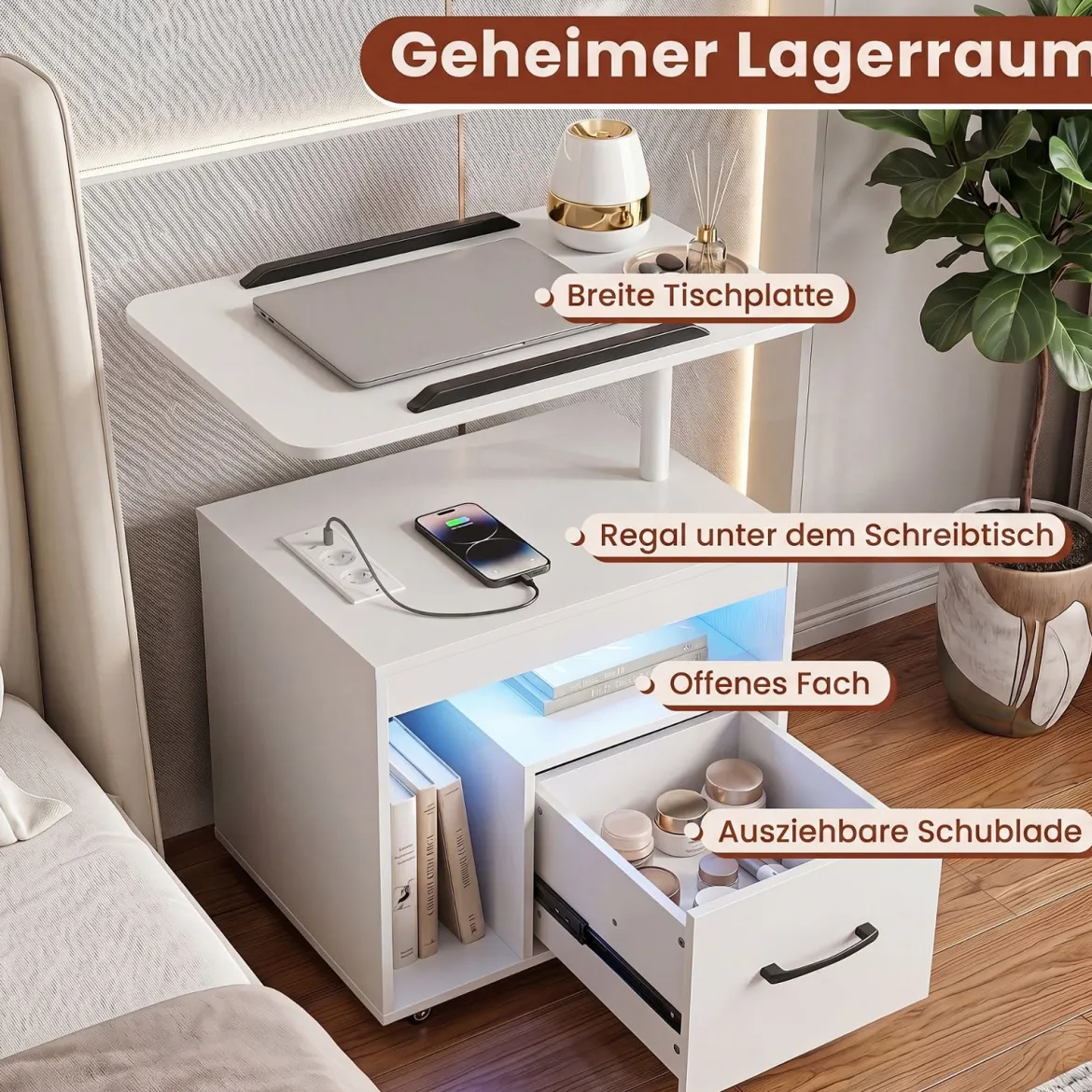 2er Set Nachttisch mit Rollen LED Nachtschrank mit Neigbarer Tischplatte Ladestation & Steckdosen Weiß