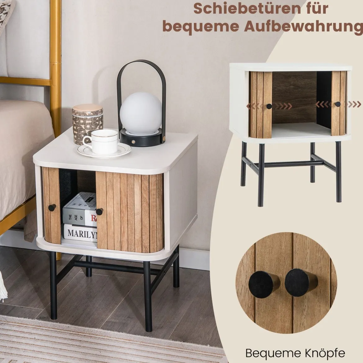 2er Set Nachttisch mit Schiebetüren Nachtschrank mit Stauraum Beistelltisch Nachtkonsole Schwarz