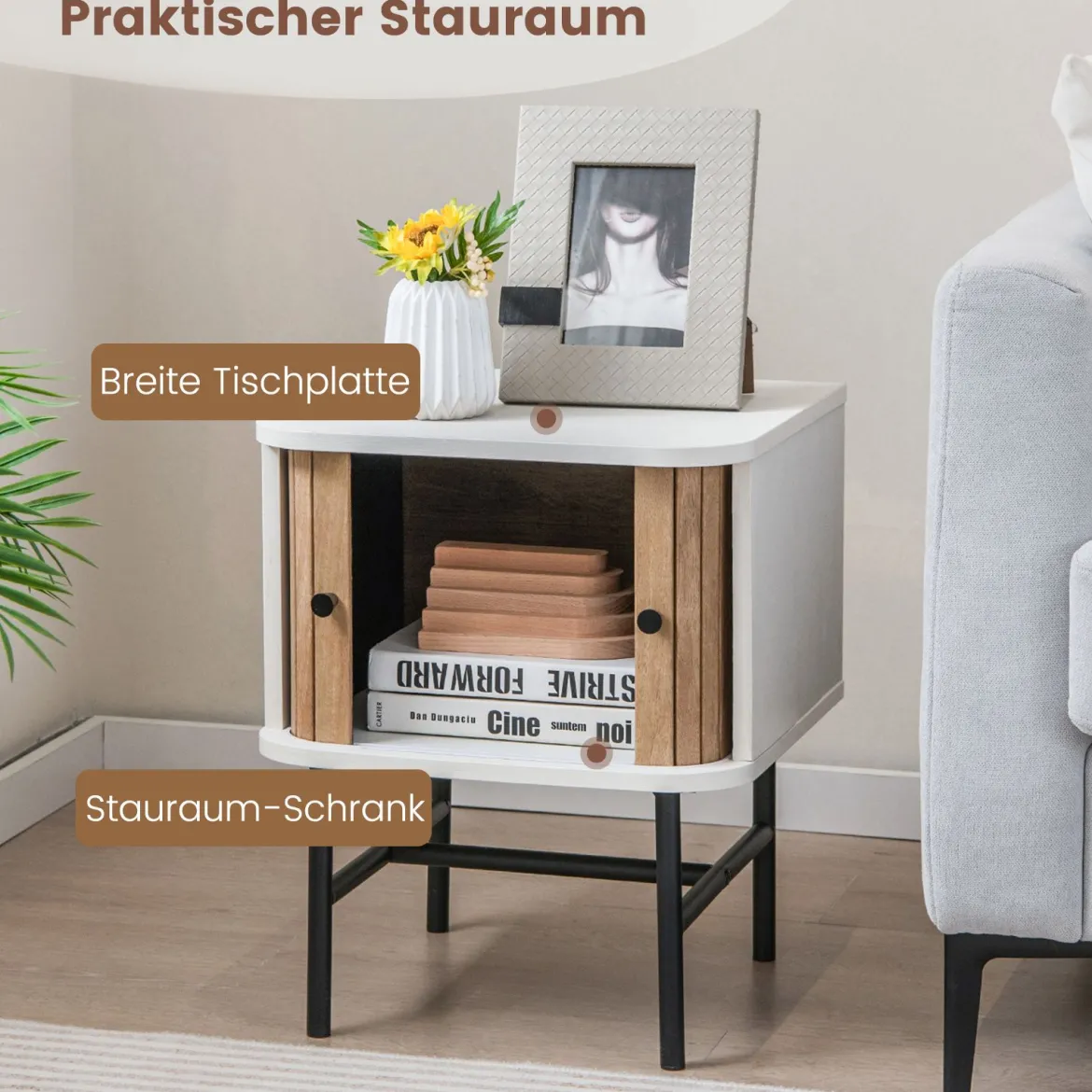 2er Set Nachttisch mit Schiebetüren Nachtschrank mit Stauraum Beistelltisch Nachtkonsole Schwarz