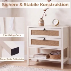 2er Set Nachttisch mit 2 Schubladen Offenem Regal & Rattan-Fronten 68 x 40 x 65 cm Weiß