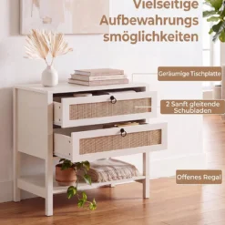 2er Set Nachttisch mit 2 Schubladen Offenem Regal & Rattan-Fronten 68 x 40 x 65 cm Weiß