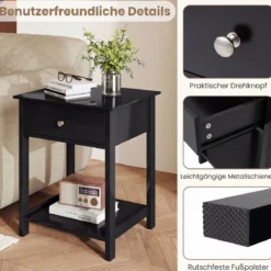 2er Set Nachttisch mit Schublade & Offenem Regal Beistelltisch Nachtschrank Nachtkonsole Schwarz