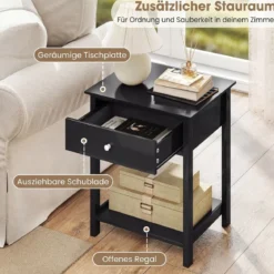2er Set Nachttisch mit Schublade & Offenem Regal Beistelltisch Nachtschrank Nachtkonsole Schwarz