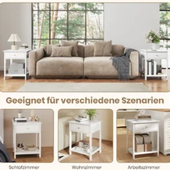 2er Set Nachttisch mit Schublade & Offenem Regal Beistelltisch Nachtschrank Nachtkonsole Weiß
