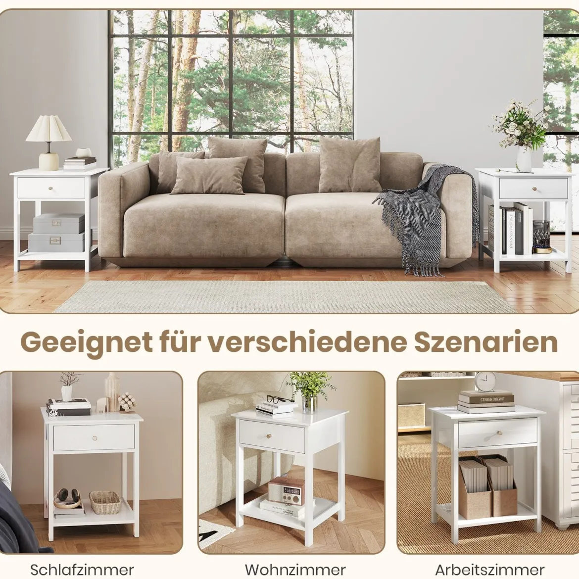 2er Set Nachttisch mit Schublade & Offenem Regal Beistelltisch Nachtschrank Nachtkonsole Weiß