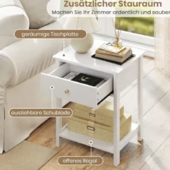 2er Set Nachttisch mit Schublade & Offenem Regal Beistelltisch Nachtschrank Nachtkonsole Weiß