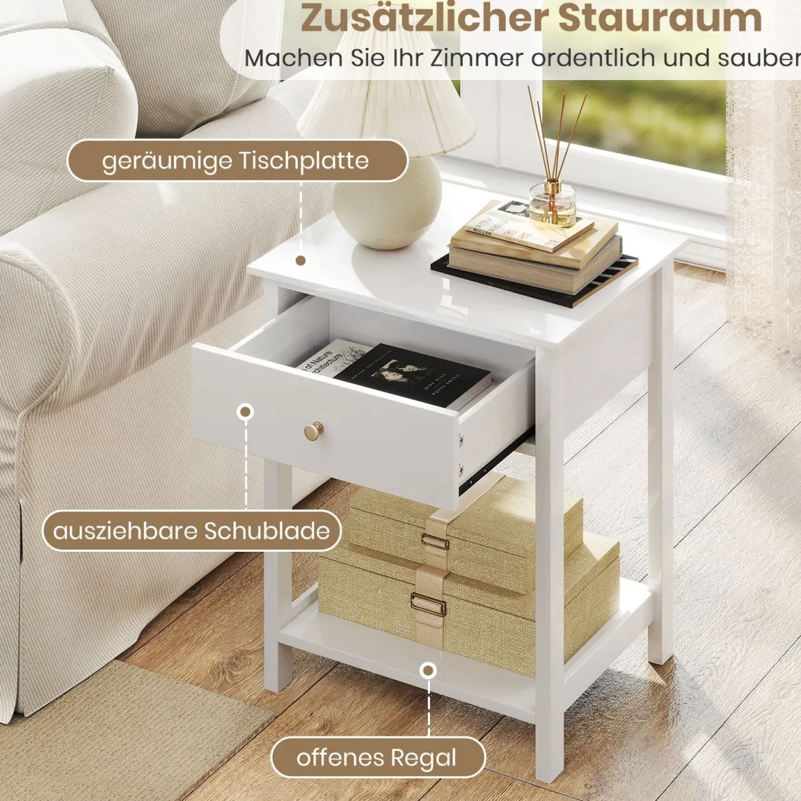 2er Set Nachttisch mit Schublade & Offenem Regal Beistelltisch Nachtschrank Nachtkonsole Weiß