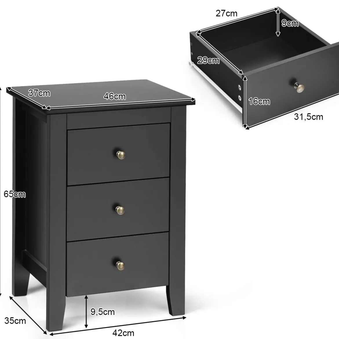 2er Set Nachttisch mit 3 Schubladen Nachtschrank für Boxspringbett 46 x 37 x 65 cm Schwarz