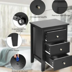 2er Set Nachttisch mit 3 Schubladen Nachtschrank für Boxspringbett 46 x 37 x 65 cm Schwarz