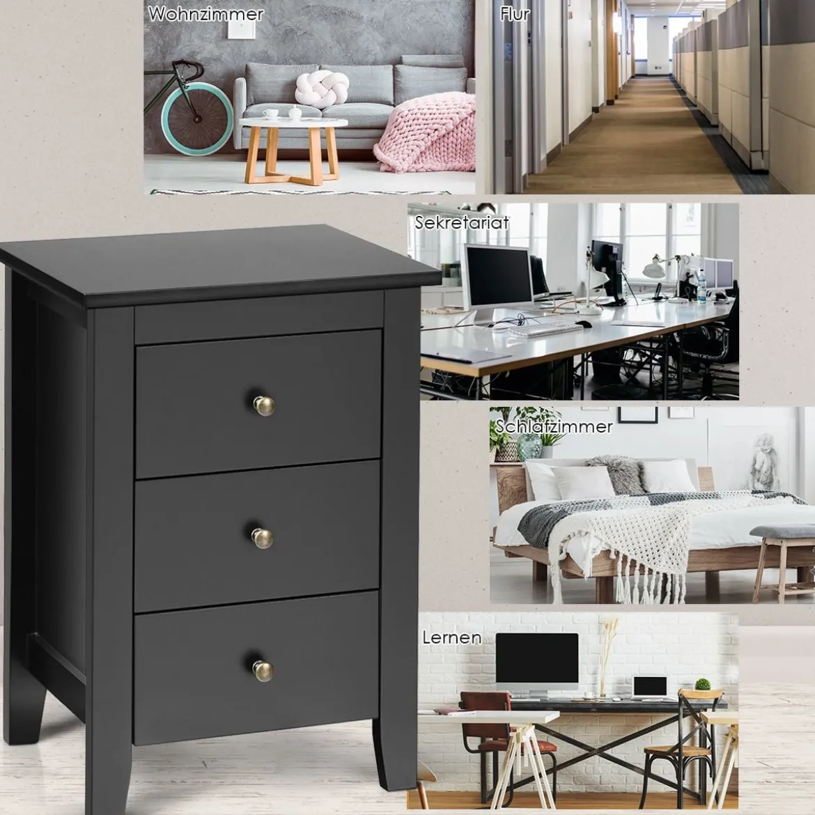 2er Set Nachttisch mit 3 Schubladen Nachtschrank für Boxspringbett 46 x 37 x 65 cm Schwarz