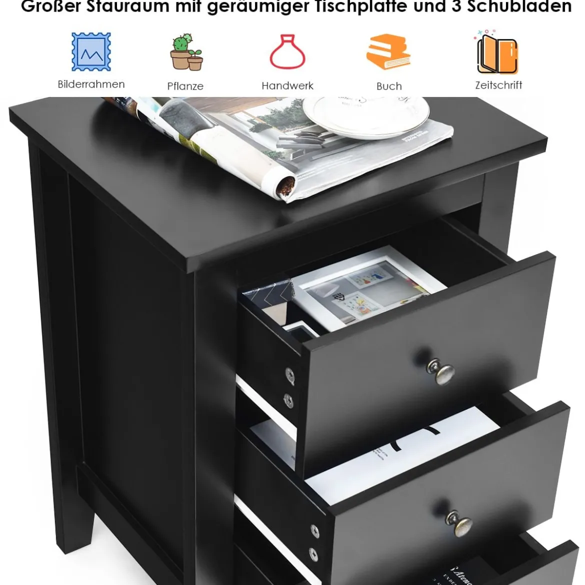 2er Set Nachttisch mit 3 Schubladen Nachtschrank für Boxspringbett 46 x 37 x 65 cm Schwarz
