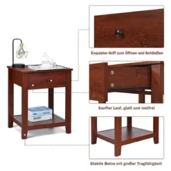 2er Set Nachttisch mit 1 Schublade & 1 offener Ablage Beistelltisch mit stabilen Holzbeinen 50 x 42 x 62cm Braun