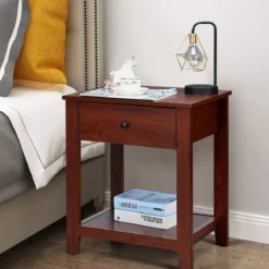 2er Set Nachttisch mit 1 Schublade & 1 offener Ablage Beistelltisch mit stabilen Holzbeinen 50 x 42 x 62cm Braun