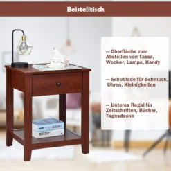 2er Set Nachttisch mit 1 Schublade & 1 offener Ablage Beistelltisch mit stabilen Holzbeinen 50 x 42 x 62cm Braun