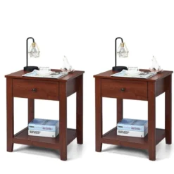 2er Set Nachttisch mit 1 Schublade & 1 offener Ablage Beistelltisch mit stabilen Holzbeinen 50 x 42 x 62cm Braun