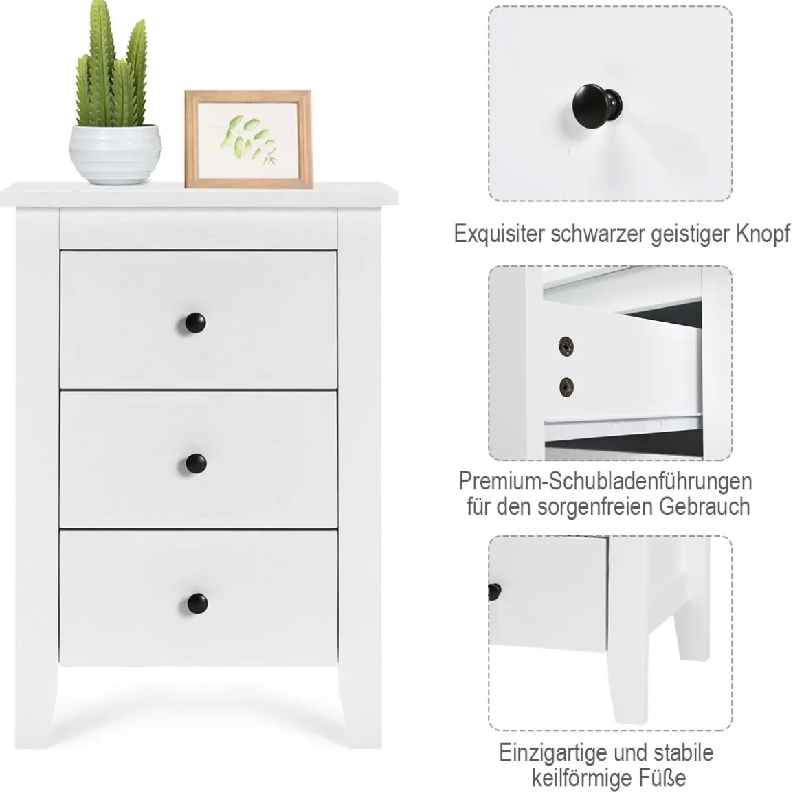 2er Set Nachttisch mit 3 Schubladen Nachtschrank für Boxspringbett 46 x 37 x 65 cm Weiß