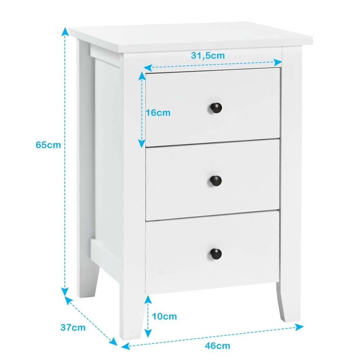 2er Set Nachttisch mit 3 Schubladen Nachtschrank für Boxspringbett 46 x 37 x 65 cm Weiß
