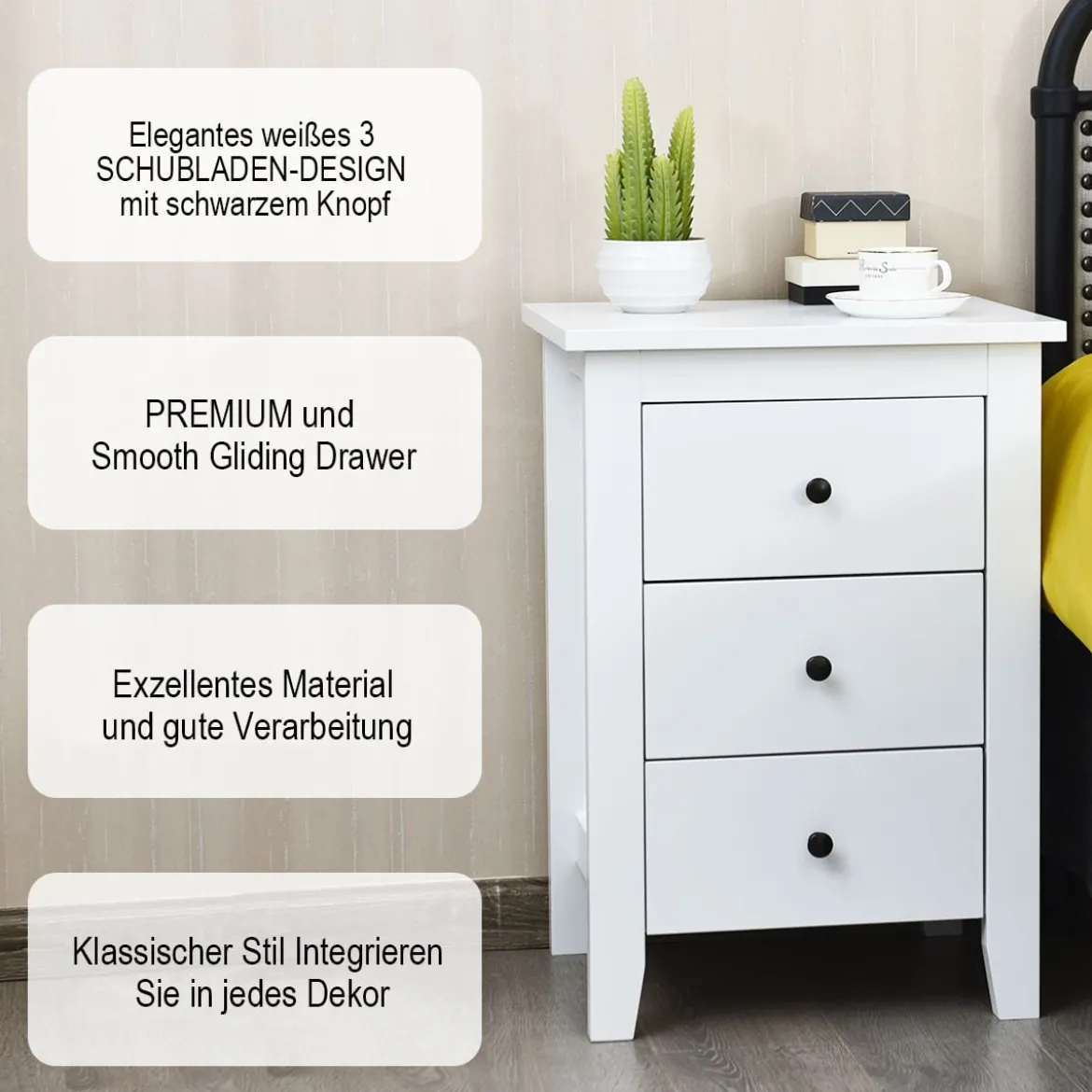 2er Set Nachttisch mit 3 Schubladen Nachtschrank für Boxspringbett 46 x 37 x 65 cm Weiß