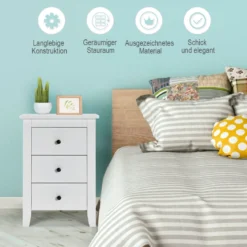 2er Set Nachttisch mit 3 Schubladen Nachtschrank für Boxspringbett 46 x 37 x 65 cm Weiß