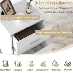 2er Set Nachttisch mit 3 Schubladen Nachtschrank 37,1 x 34,2 x 66,5 cm Weiß