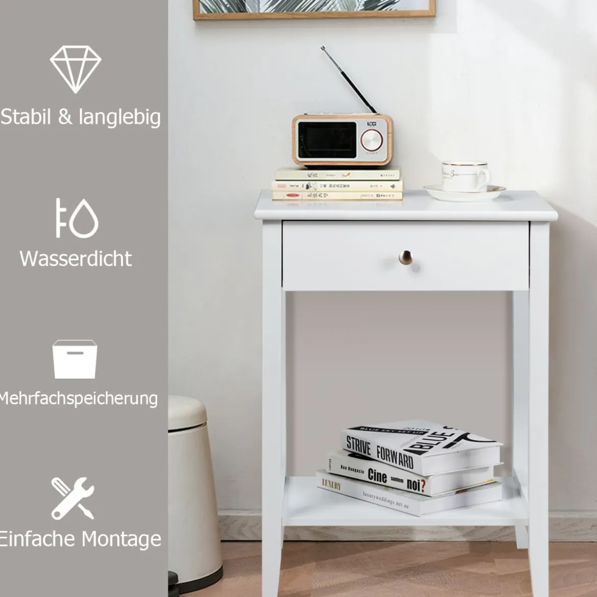 2er Set Nachttisch mit Schublade Sofatisch aus Holz für Schlafzimmer 47,5 x 36 x 62 cm Weiß