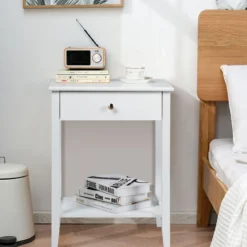 2er Set Nachttisch mit Schublade Sofatisch aus Holz für Schlafzimmer 47,5 x 36 x 62 cm Weiß