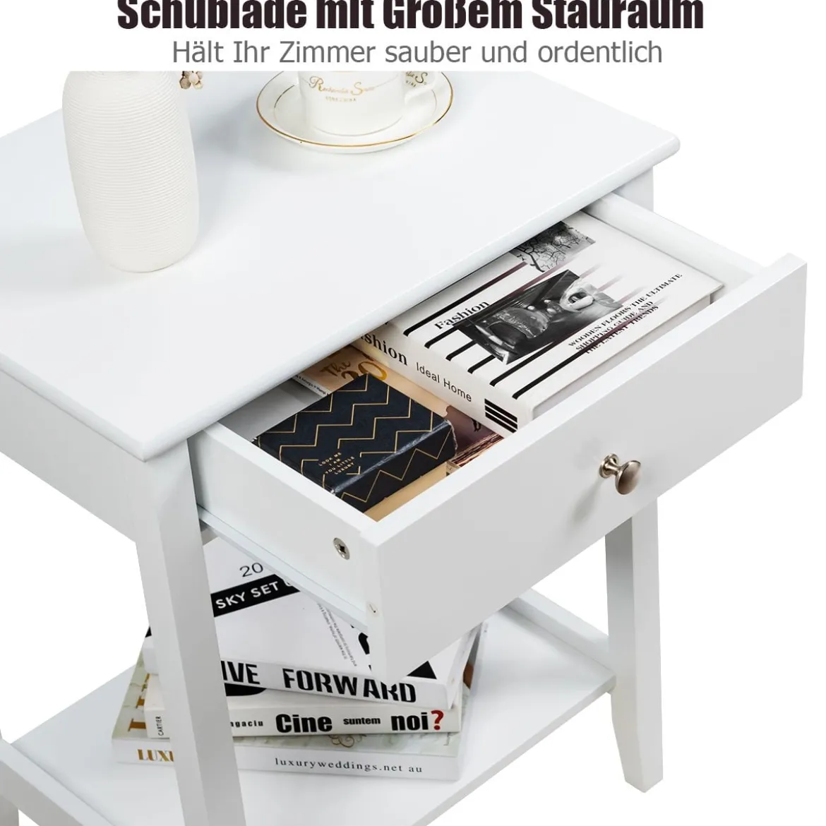 2er Set Nachttisch mit Schublade Sofatisch aus Holz für Schlafzimmer 47,5 x 36 x 62 cm Weiß