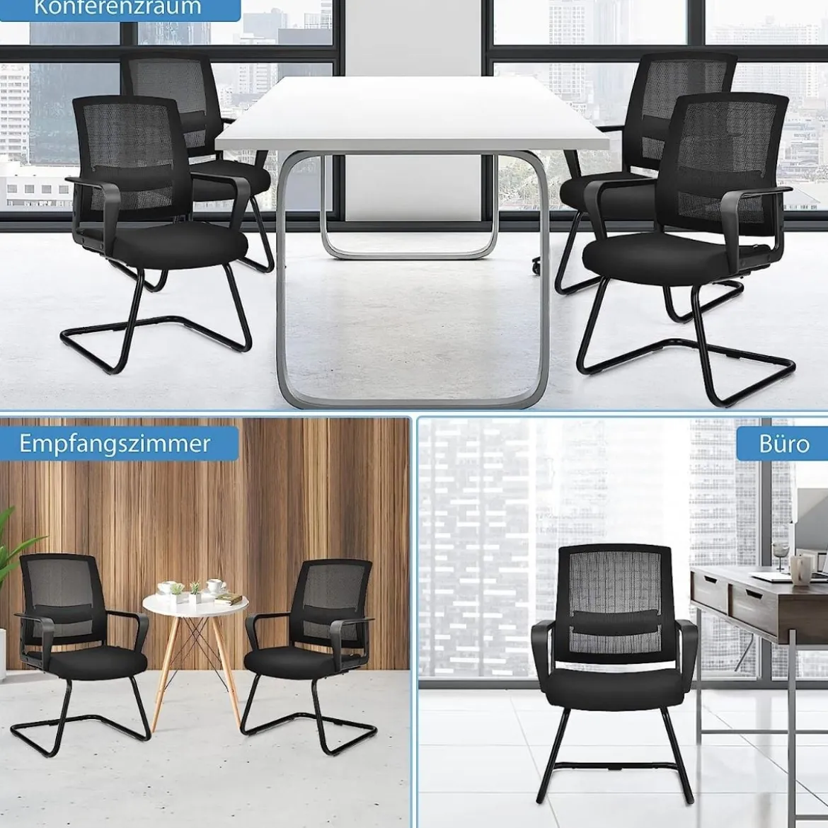 2er Set Netz Bürostuhl mit Rückenlehne bis 136kg belastbar 60 x 54,5 x 94 cm Schwarz