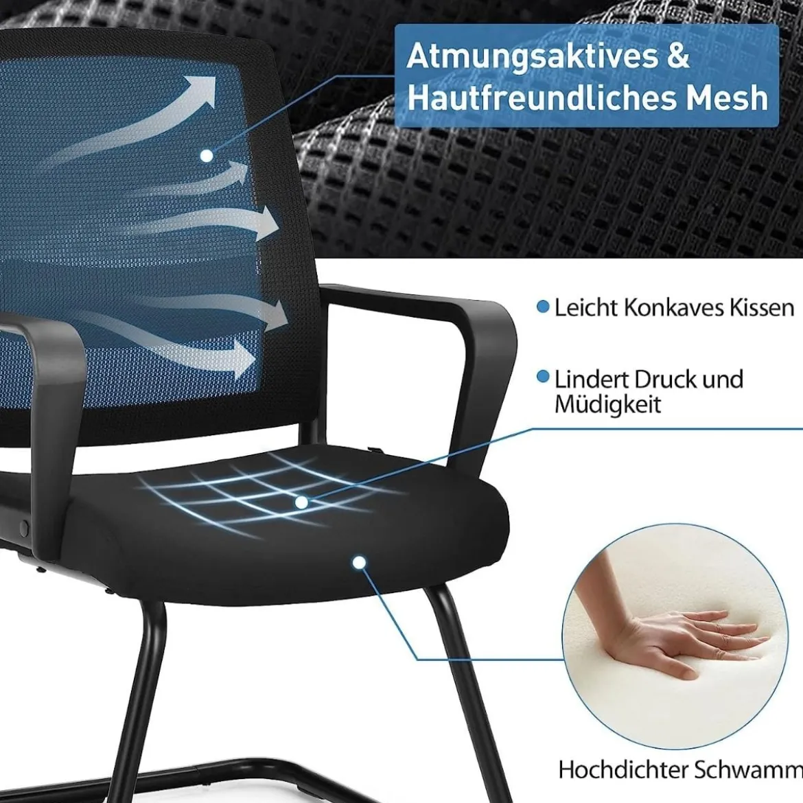 2er Set Netz Bürostuhl mit Rückenlehne bis 136kg belastbar 60 x 54,5 x 94 cm Schwarz