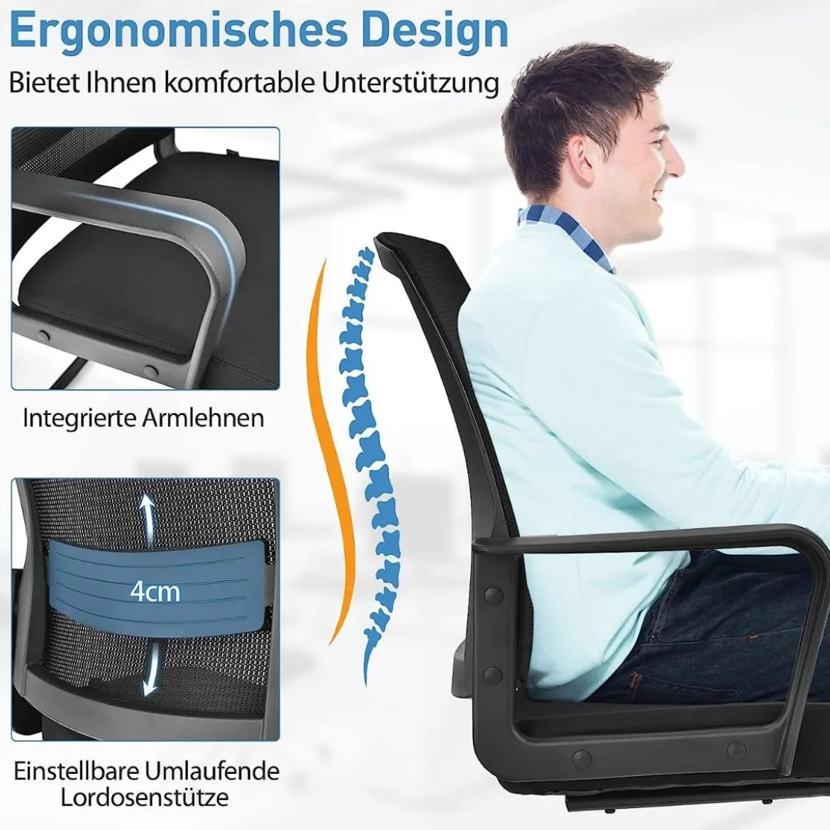 2er Set Netz Bürostuhl mit Rückenlehne bis 136kg belastbar 60 x 54,5 x 94 cm Schwarz
