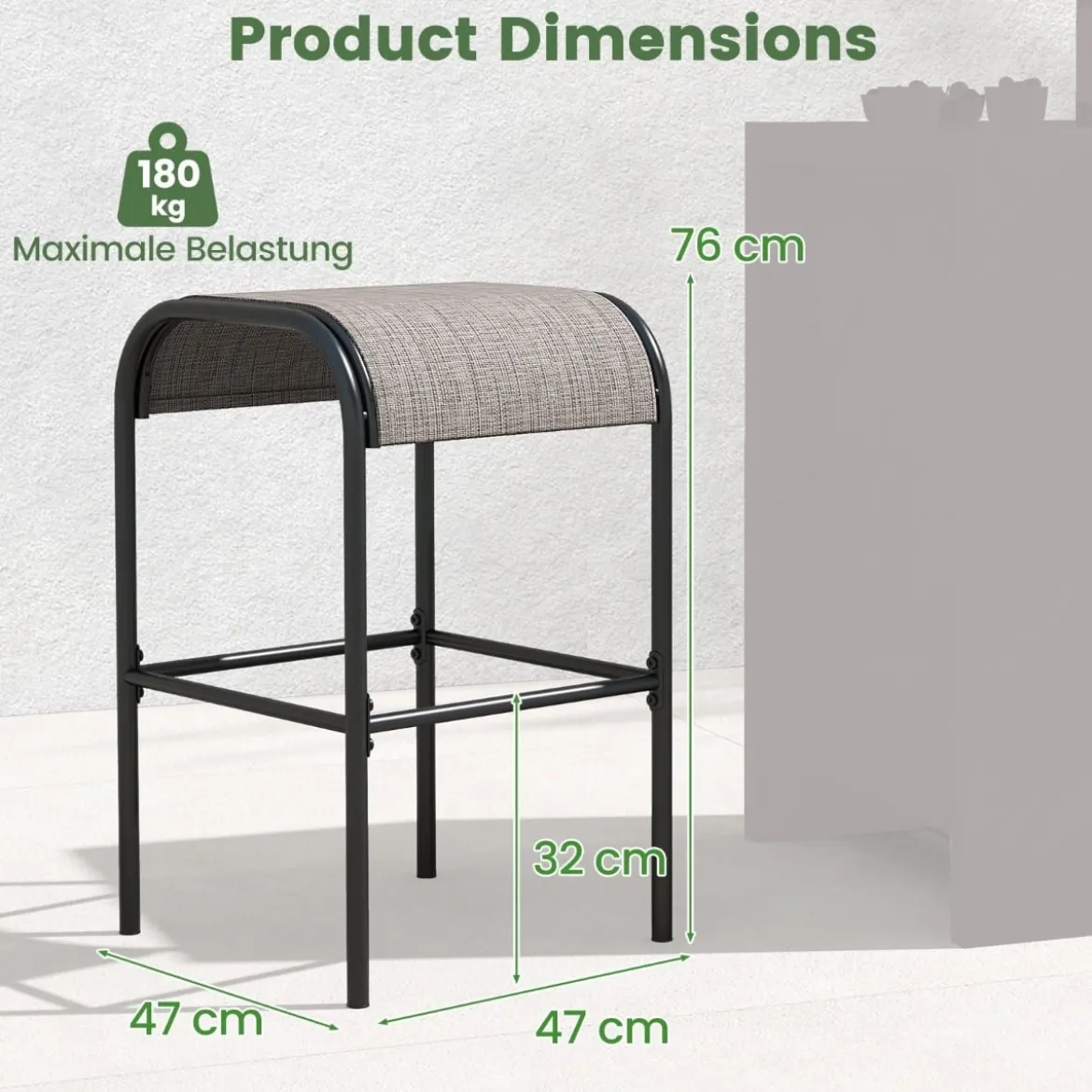 2er Set Outdoor Barhocker mit Gebogenem Stoffsitz bis zu 180 kg Belastbar Barstühle