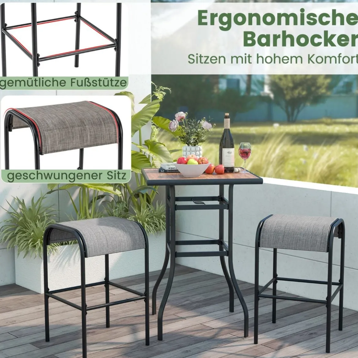 2er Set Outdoor Barhocker mit Gebogenem Stoffsitz bis zu 180 kg Belastbar Barstühle