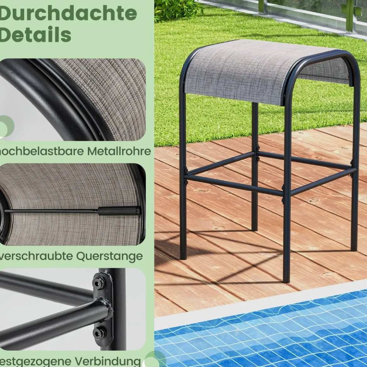 2er Set Outdoor Barhocker mit Gebogenem Stoffsitz bis zu 180 kg Belastbar Barstühle