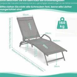 2er Set 5-Position Verstellbare Terrasse-Lounges mit Atmungsaktivem Sitz für Outdoor Grau
