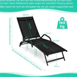 2er Set 5-Position Verstellbare Terrasse-Lounges mit Atmungsaktivem Sitz für Outdoor Schwarz