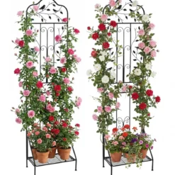 2er Set Rankgitter Metall 3 in 1 dekorativer Gartenzaun & Blumenregal & Pflanzstütze Schwarz