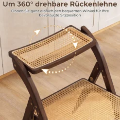2er Set Rattan Klappstühle mit Bambusrahmen Küchenstühle im Boho-Stil 150 kg Tragkraft Walnuss