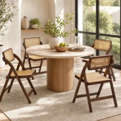 2er Set Rattan Klappstühle mit Bambusrahmen Küchenstühle im Boho-Stil 150 kg Tragkraft Walnuss