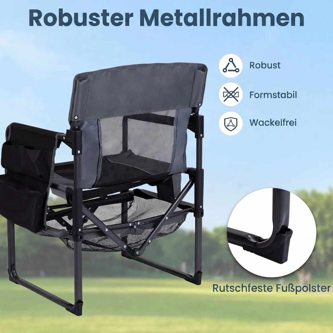 2er Set Regiestuhl Klappbar Campingstuhl mit Mesh-Ablage Getränkehalter & Flaschenöffner bis 150 kg Belastbar Schwarz