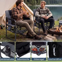 2er Set Regiestuhl Klappbar Campingstuhl mit Mesh-Ablage Getränkehalter & Flaschenöffner bis 150 kg Belastbar Schwarz
