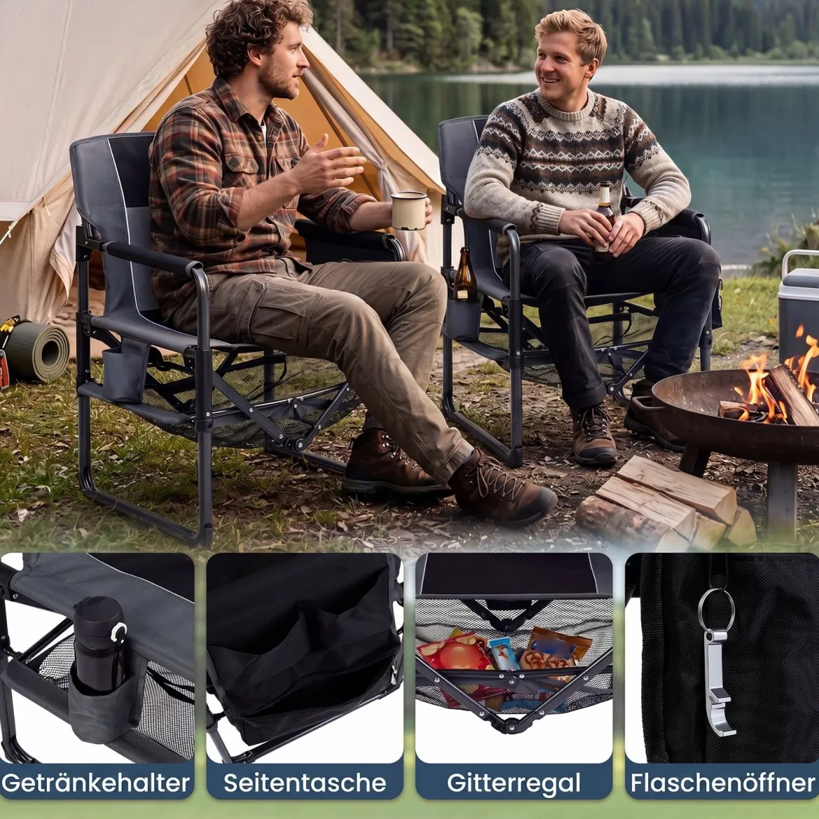 2er Set Regiestuhl Klappbar Campingstuhl mit Mesh-Ablage Getränkehalter & Flaschenöffner bis 150 kg Belastbar Schwarz
