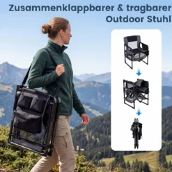 2er Set Regiestuhl Klappbar Campingstuhl mit Mesh-Ablage Getränkehalter & Flaschenöffner bis 150 kg Belastbar Schwarz