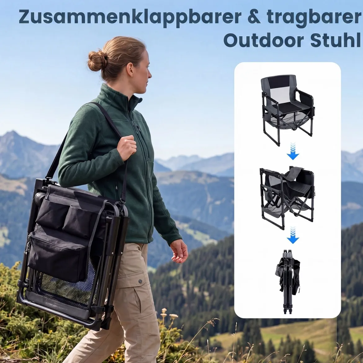2er Set Regiestuhl Klappbar Campingstuhl mit Mesh-Ablage Getränkehalter & Flaschenöffner bis 150 kg Belastbar Schwarz