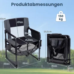 2er Set Regiestuhl Klappbar Campingstuhl mit Mesh-Ablage Getränkehalter & Flaschenöffner bis 150 kg Belastbar Schwarz