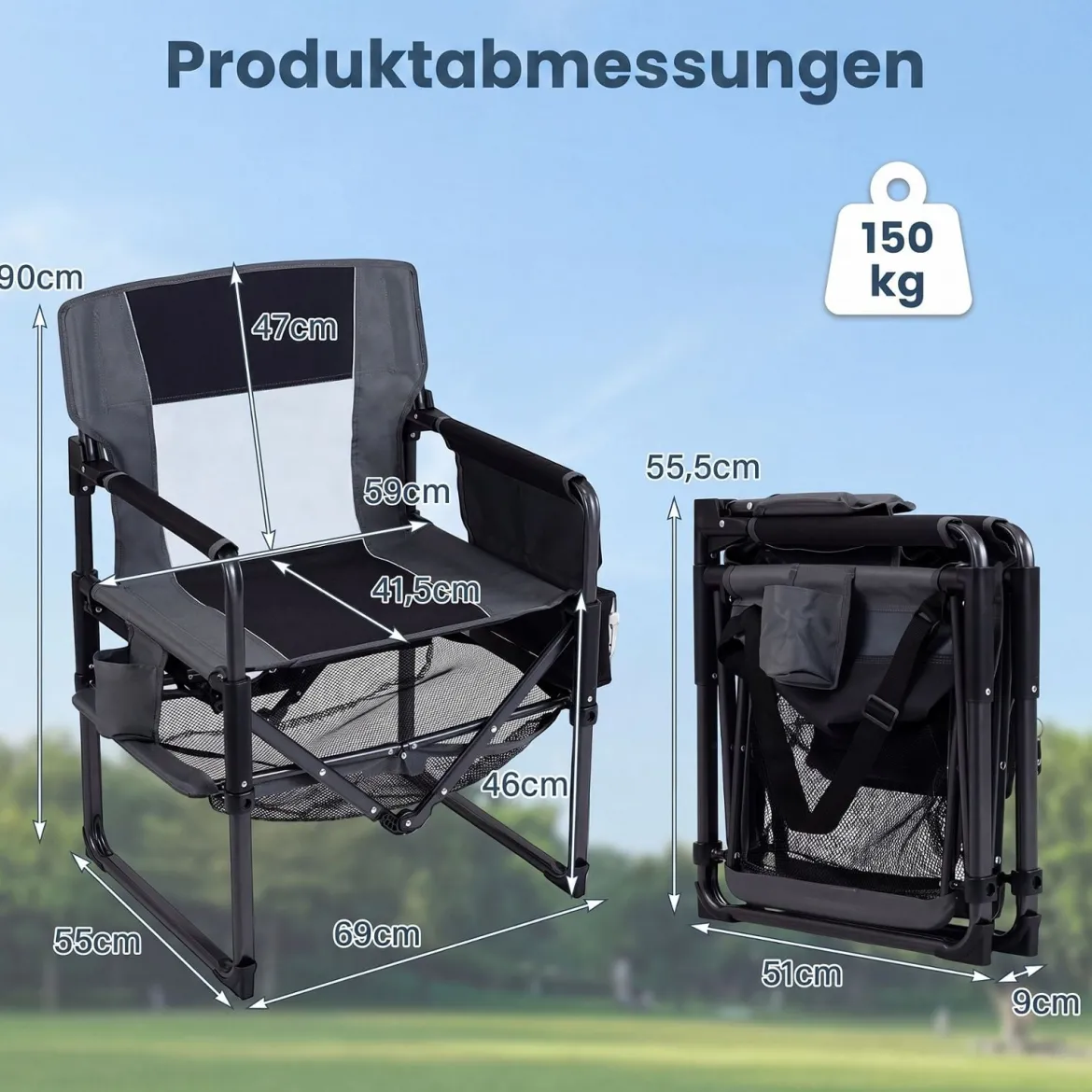 2er Set Regiestuhl Klappbar Campingstuhl mit Mesh-Ablage Getränkehalter & Flaschenöffner bis 150 kg Belastbar Schwarz