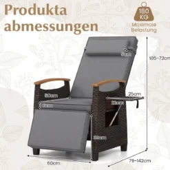 2er Set Relaxliege Rattan Liegesessel mit weichen Kissen Verstellbarer Rückenlehne und Fußstütze Liegestuhl Grau/Weiß